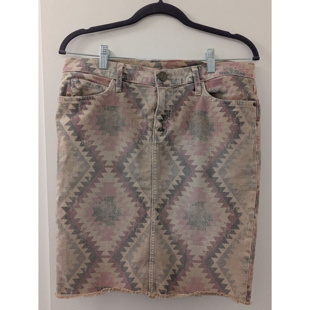 Current/Elliot Aztec Print Denim Pencil Skirt With Raw Hem